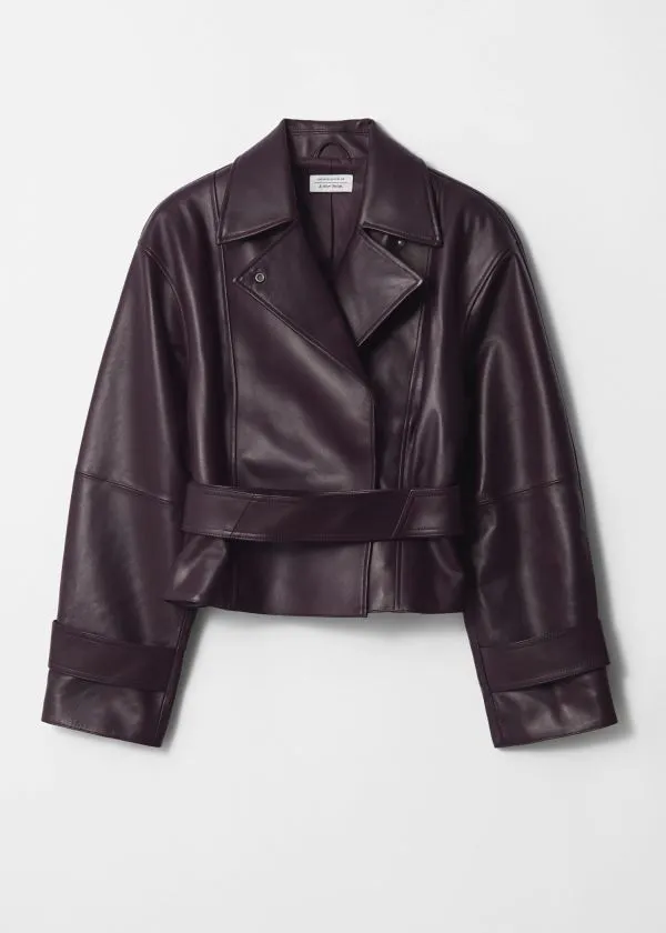 and Other Stories Belted Leather Jacket Dark Purple Women Jackets and Coats