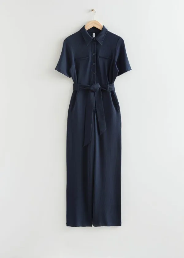 and Other Stories Belted Short Sleeve Jumpsuit Dark Blue Women Trousers