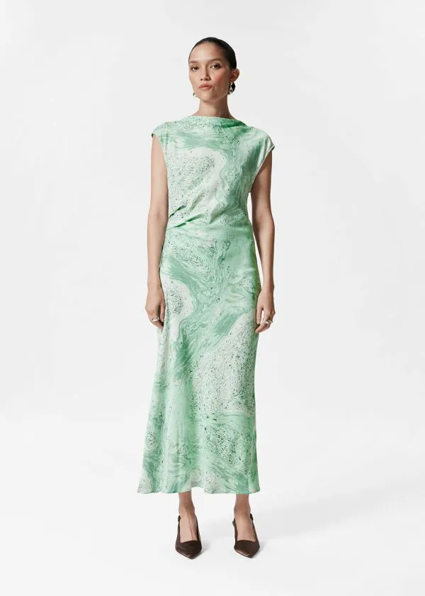and Other Stories BiasCut Satin Midi Dress Green Print Women Dresses