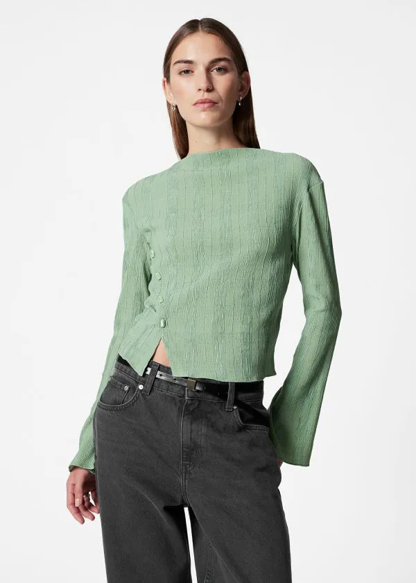 and Other Stories BoatNeck FlaredSleeve Top Green Women Tops and Tshirts