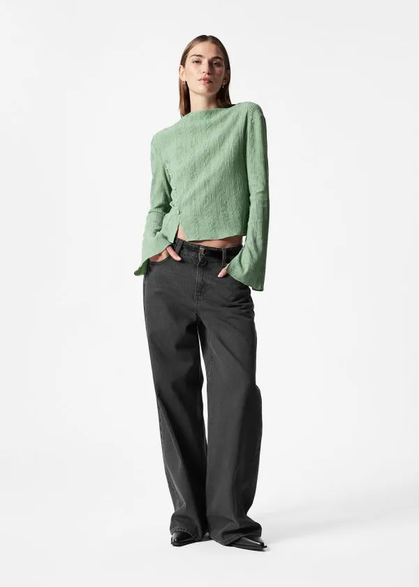 and Other Stories BoatNeck FlaredSleeve Top Green Women Tops and Tshirts
