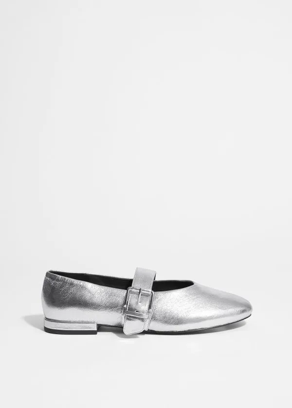and Other Stories Buckled Leather Ballerinas Silver Women Ballerinas