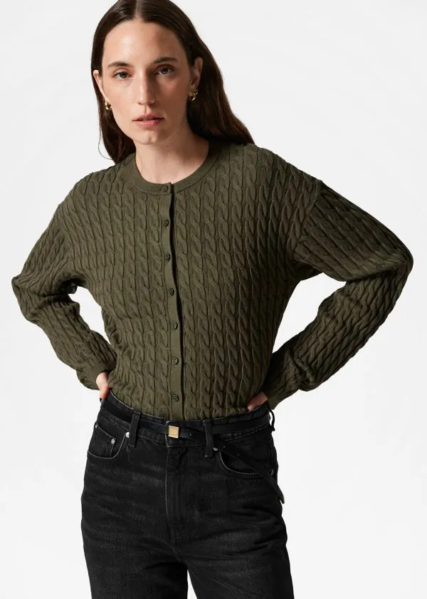 and Other Stories CableKnit Cardigan Khaki Women Knitwear