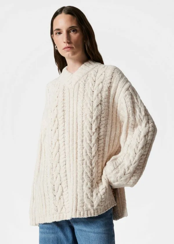 and Other Stories CableKnit VNeck Jumper Ecru Women Knitwear