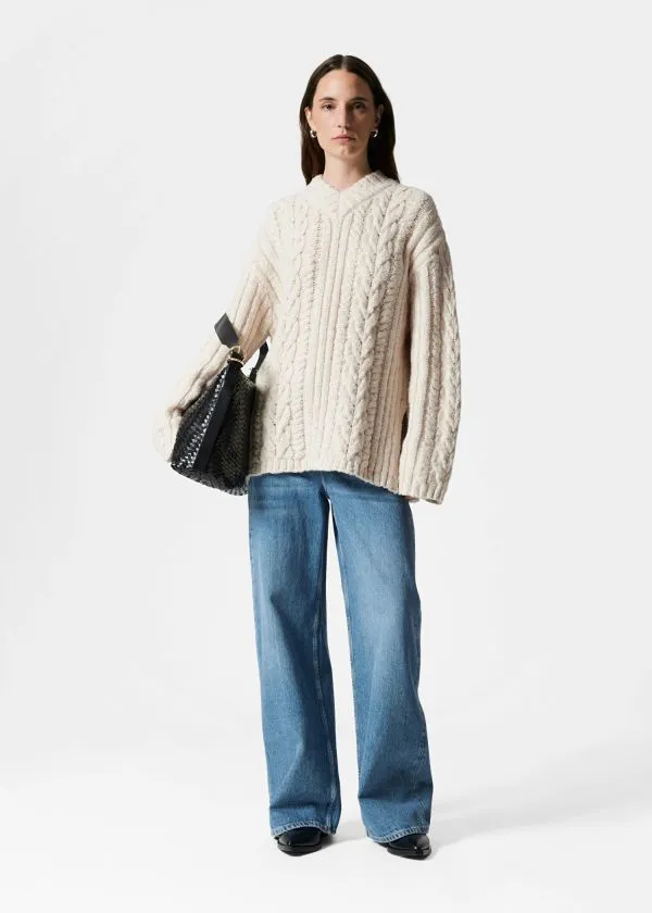 and Other Stories CableKnit VNeck Jumper Ecru Women Knitwear and Other Stories CableKnit VNeck Jumper Ecru Women Knitwear