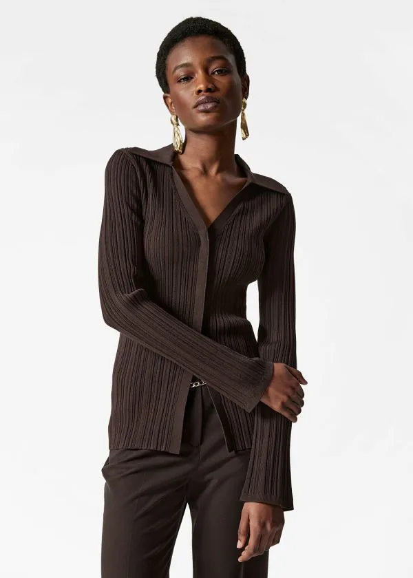 and Other Stories Collared RibKnit Cardigan Dark Brown Women Knitwear