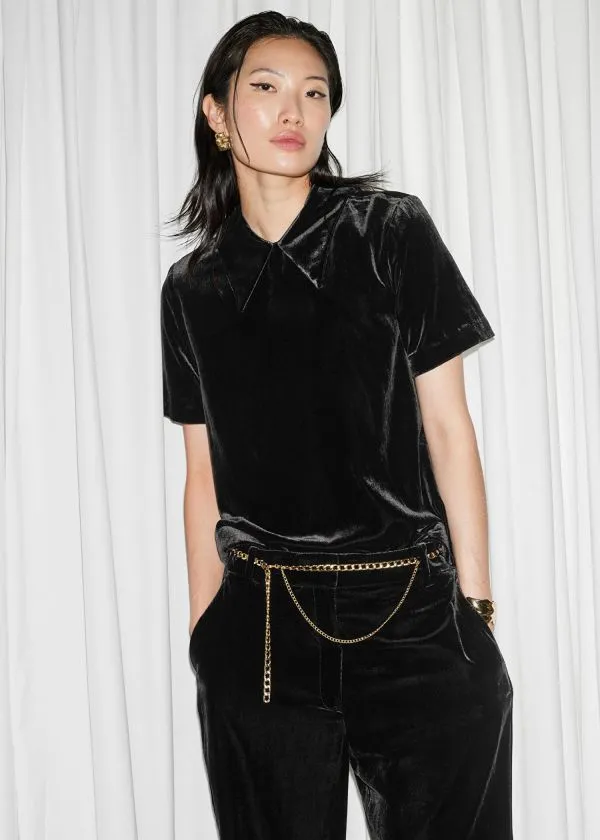 and Other Stories Collared Velvet Blouse Black Women Sets and Suits