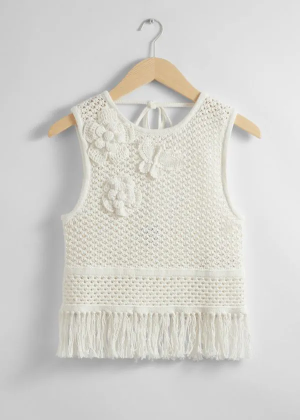 and Other Stories Crocheted Fringe Tank Top Cream Women Tops and Tshirts