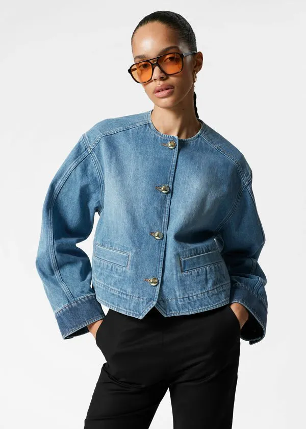 and Other Stories Cropped Denim Jacket Mid Blue Women Jackets and Coats