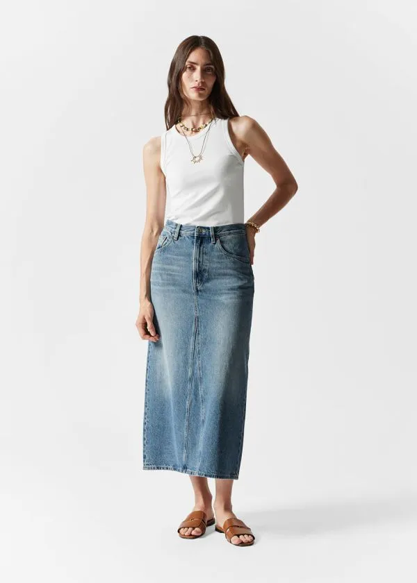 and Other Stories Denim Midi Skirt Mid Blue Women Skirts
