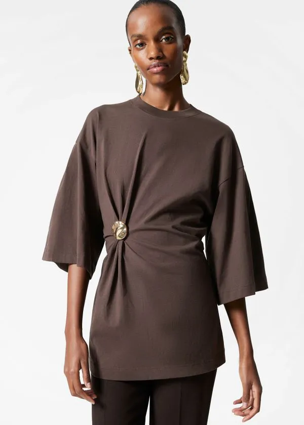 and Other Stories Draped Brooch Tshirt Brown Women Tops and Tshirts