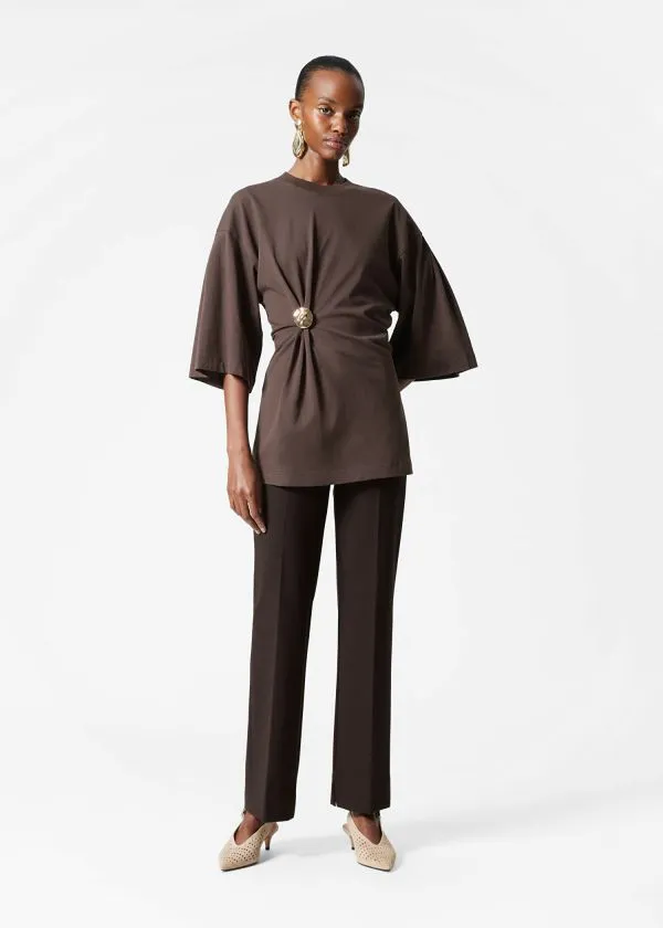 and Other Stories Draped Brooch Tshirt Brown Women Tops and Tshirts
