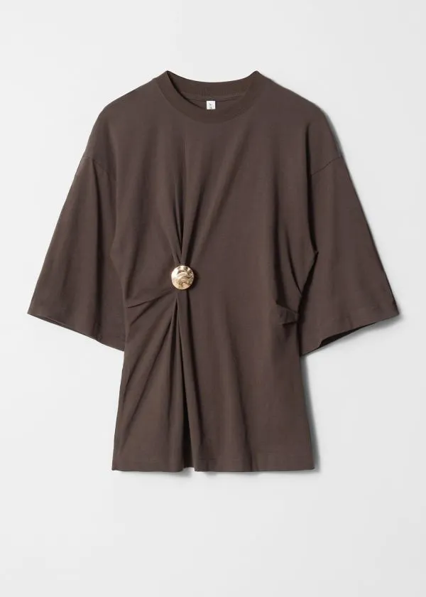 and Other Stories Draped Brooch Tshirt Brown Women Tops and Tshirts