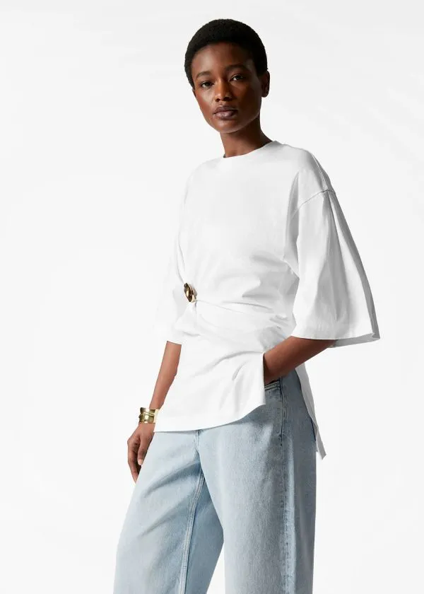 and Other Stories Draped Brooch Tshirt White Women Tops and Tshirts