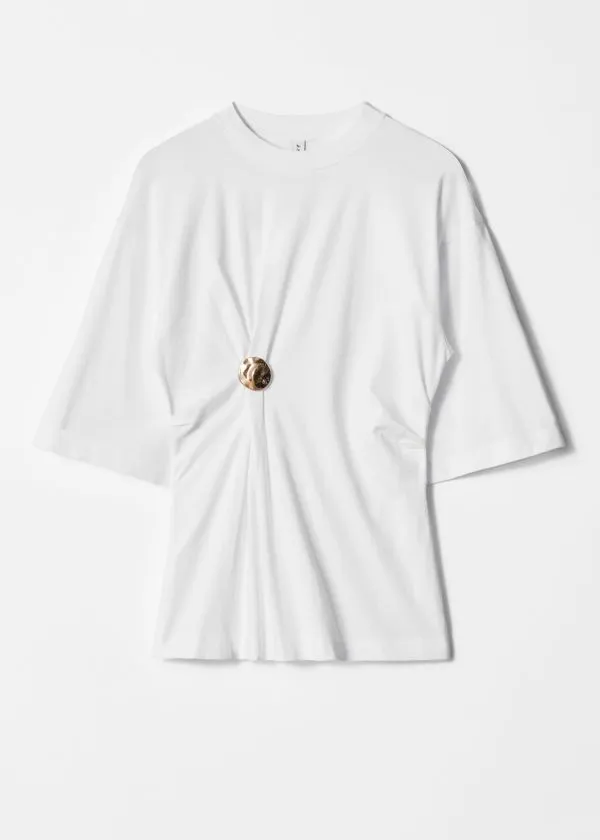 and Other Stories Draped Brooch Tshirt White Women Tops and Tshirts