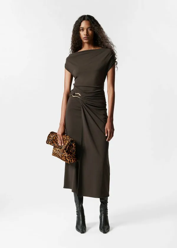 and Other Stories Draped Midi Dress Dark Brown Women Dresses