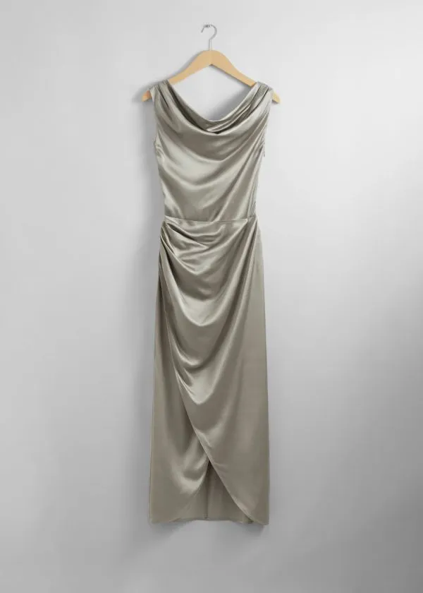 and Other Stories Draped Satin Midi Dress Grey Women Dresses