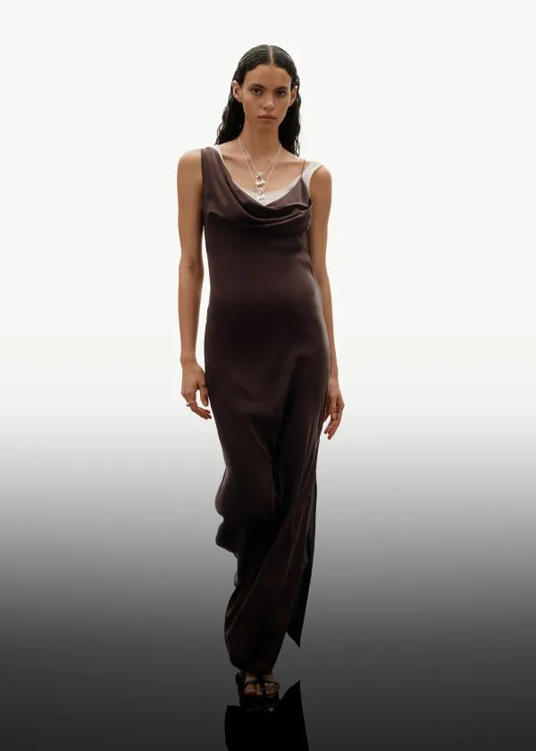 and Other Stories Draped Silk Midi Dress Brown Women Dresses