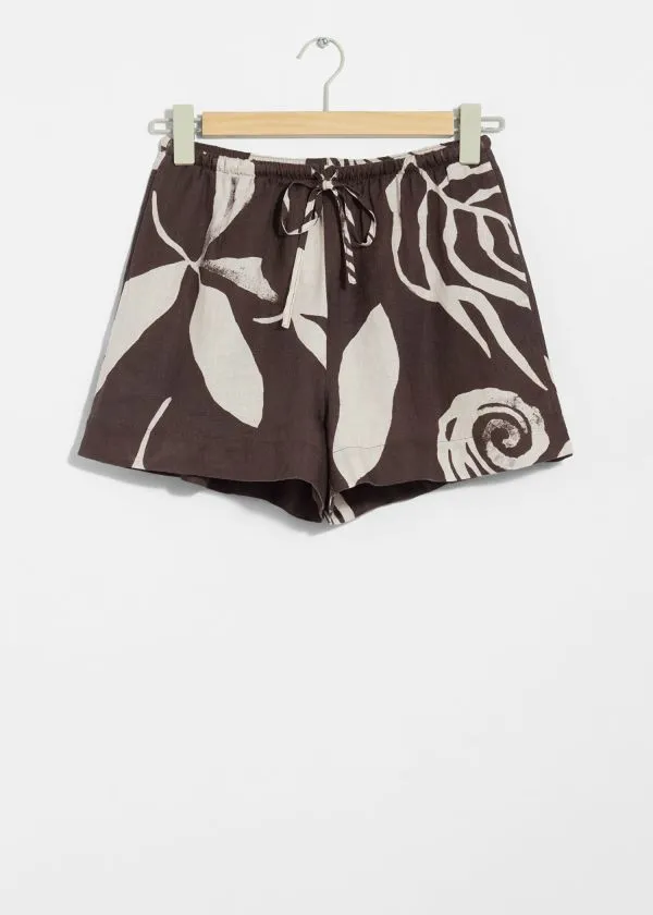 and Other Stories Drawstring Linen Shorts Brown Print Women Sets and Suits