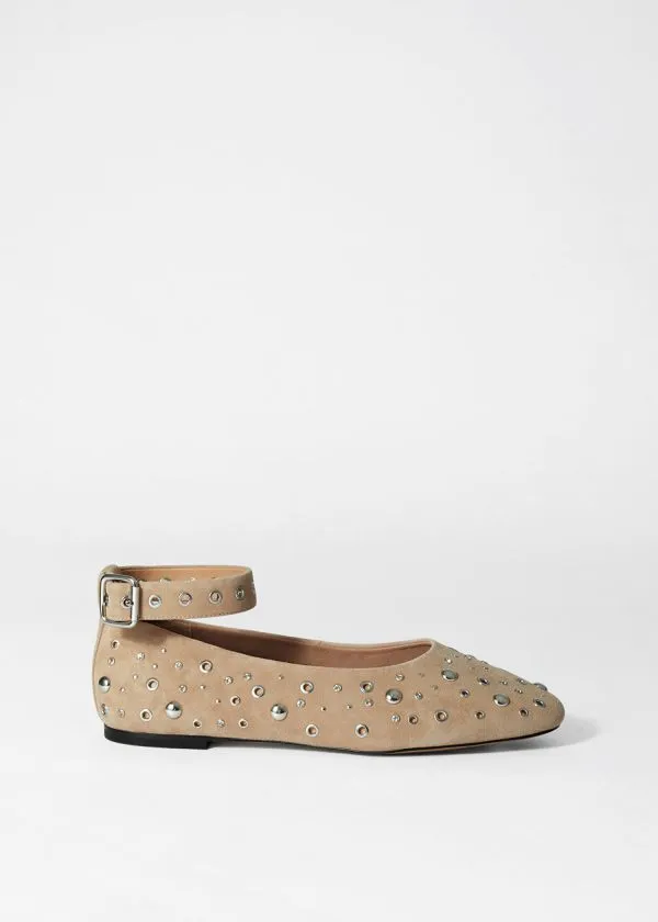 and Other Stories Embellished Ballet Flats Beige Suede Women Ballerinas