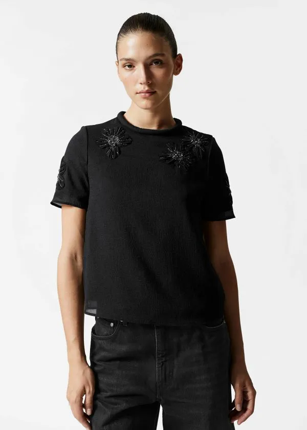 and Other Stories Embellished Floral Top Black Women Sets and Suits
