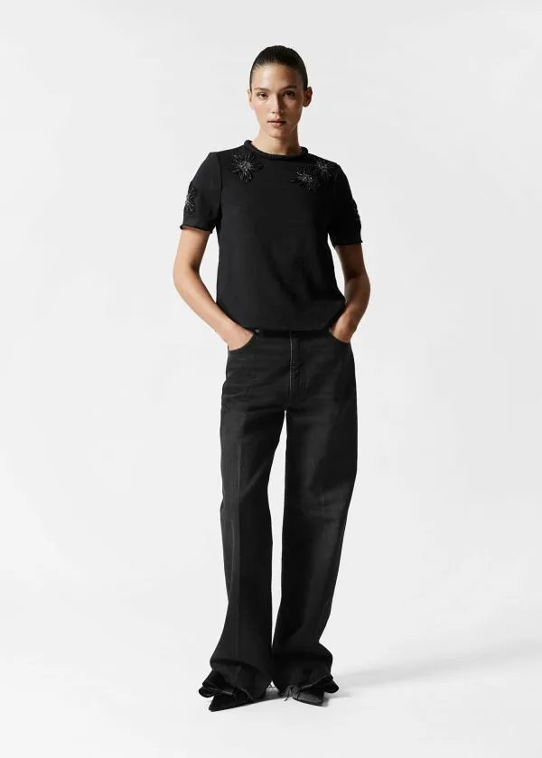 and Other Stories Embellished Floral Top Black Women Sets and Suits