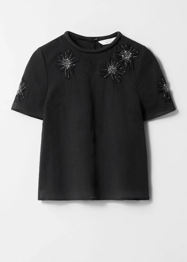 and Other Stories Embellished Floral Top Black Women Sets and Suits
