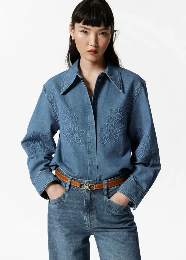 and Other Stories Embroidered Denim Shirt Blue Women Blouses and Shirts