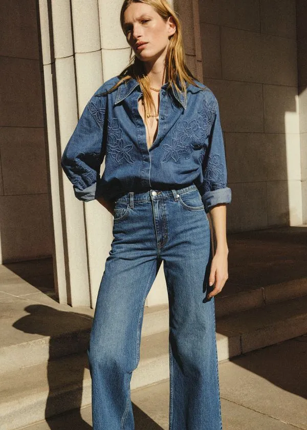and Other Stories Embroidered Denim Shirt Blue Women Blouses and Shirts
