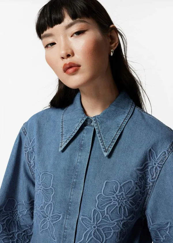 and Other Stories Embroidered Denim Shirt Blue Women Blouses and Shirts