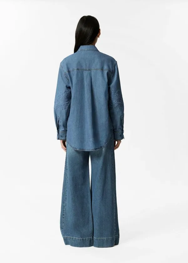 and Other Stories Embroidered Denim Shirt Blue Women Blouses and Shirts
