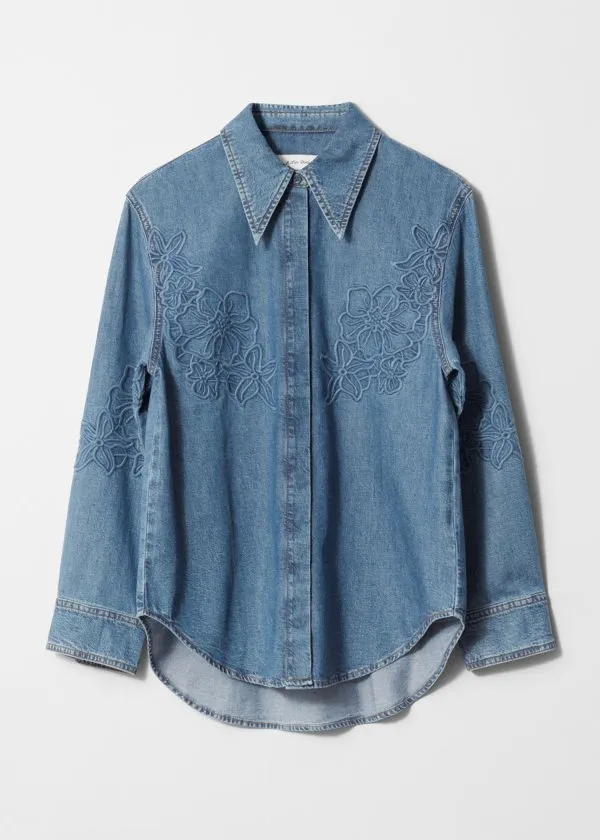 and Other Stories Embroidered Denim Shirt Blue Women Blouses and Shirts