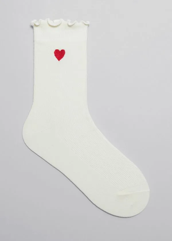 and Other Stories Embroidered Frill Socks Red Heart Women Socks and Tights