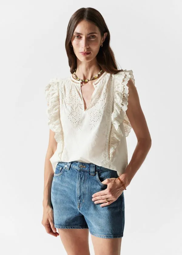 and Other Stories Embroidered Frill Top Cream Women Blouses and Shirts