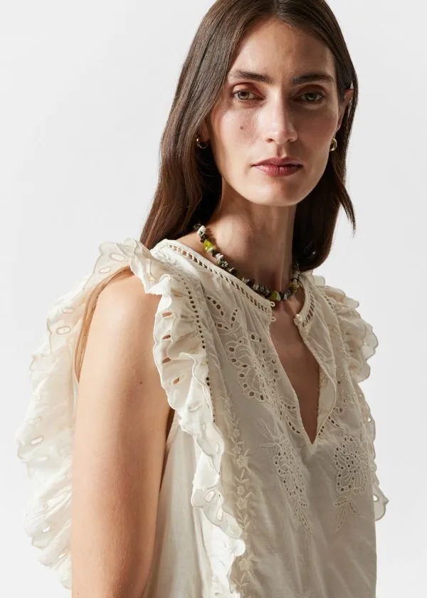 and Other Stories Embroidered Frill Top Cream Women Blouses and Shirts