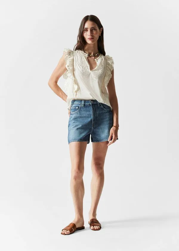and Other Stories Embroidered Frill Top Cream Women Blouses and Shirts