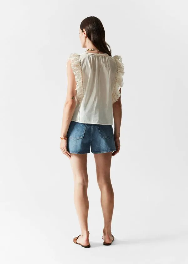 and Other Stories Embroidered Frill Top Cream Women Blouses and Shirts