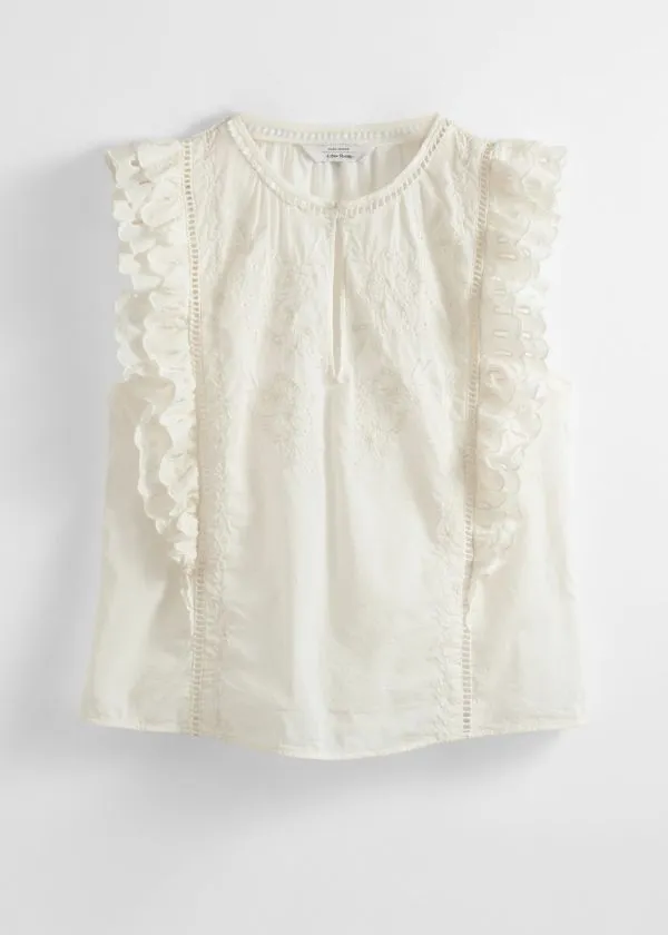 and Other Stories Embroidered Frill Top Cream Women Blouses and Shirts