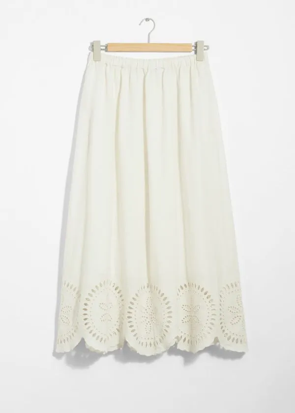 and Other Stories Embroidered Linen Midi Skirt White Women Skirts