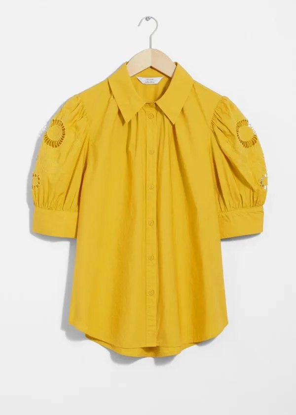 and Other Stories Embroidered PuffSleeve Blouse Mustard Women Blouses and Shirts