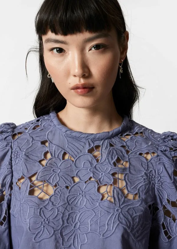 and Other Stories Embroidered PuffSleeve Blouse Purple Women Blouses and Shirts