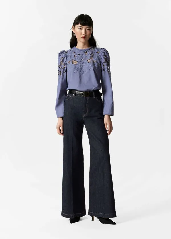 and Other Stories Embroidered PuffSleeve Blouse Purple Women Blouses and Shirts
