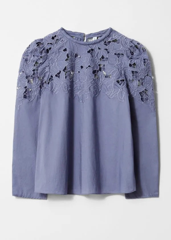 and Other Stories Embroidered PuffSleeve Blouse Purple Women Blouses and Shirts