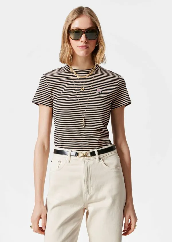 and Other Stories Embroidery TShirt Beigeandblack Stripes Women Tops and Tshirts