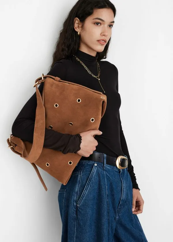 and Other Stories EyeletEmbellished Suede Bag Brown Women Shoulder Bags