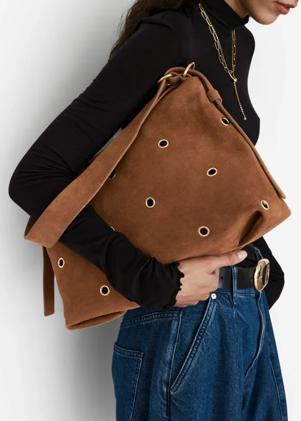 and Other Stories EyeletEmbellished Suede Bag Brown Women Shoulder Bags