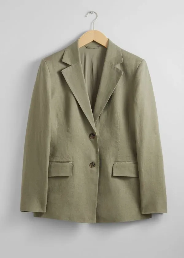 and Other Stories Fitted Linen Blazer Khaki Women Jackets and Coats
