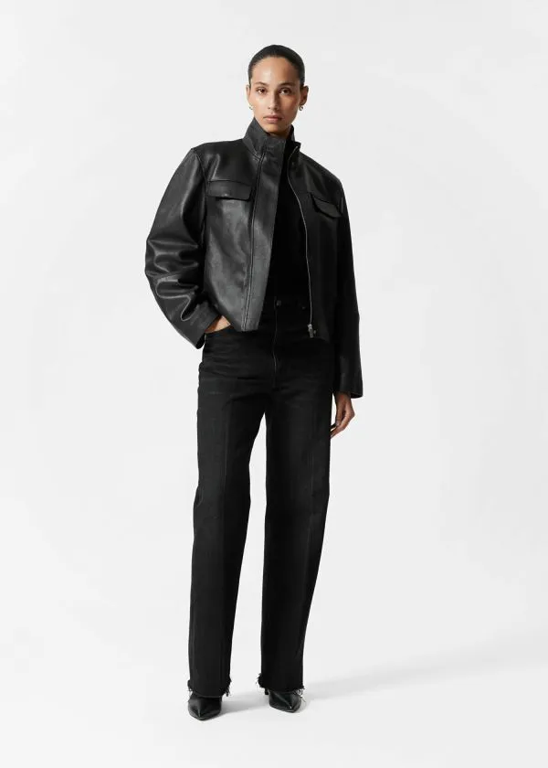 and Other Stories FlapPocket Leather Jacket Black Women Jackets and Coats
