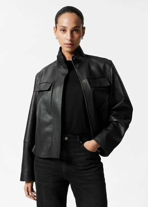 and Other Stories FlapPocket Leather Jacket Black Women Jackets and Coats