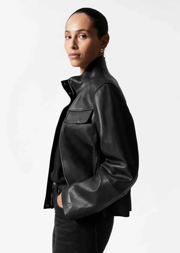 and Other Stories FlapPocket Leather Jacket Black Women Jackets and Coats